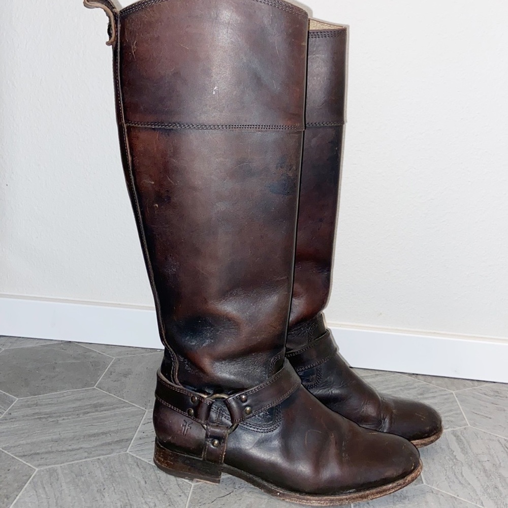 FRYE Melissa Harness Riding Boot Distressed Chestnut Brown Zip Up Leather Sz 8